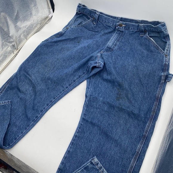 Wrangler Five Star Heritage Carpenter Blue Jeans Mens 38x32 Work Pants SPOTS - Picture 3 of 12